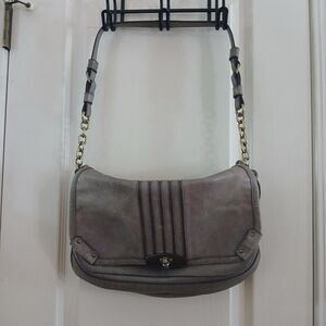 Y2K Vintage B. Makowsky Gray Leather Hobo Bag Turn Lock Clasp Chain Strap Indie